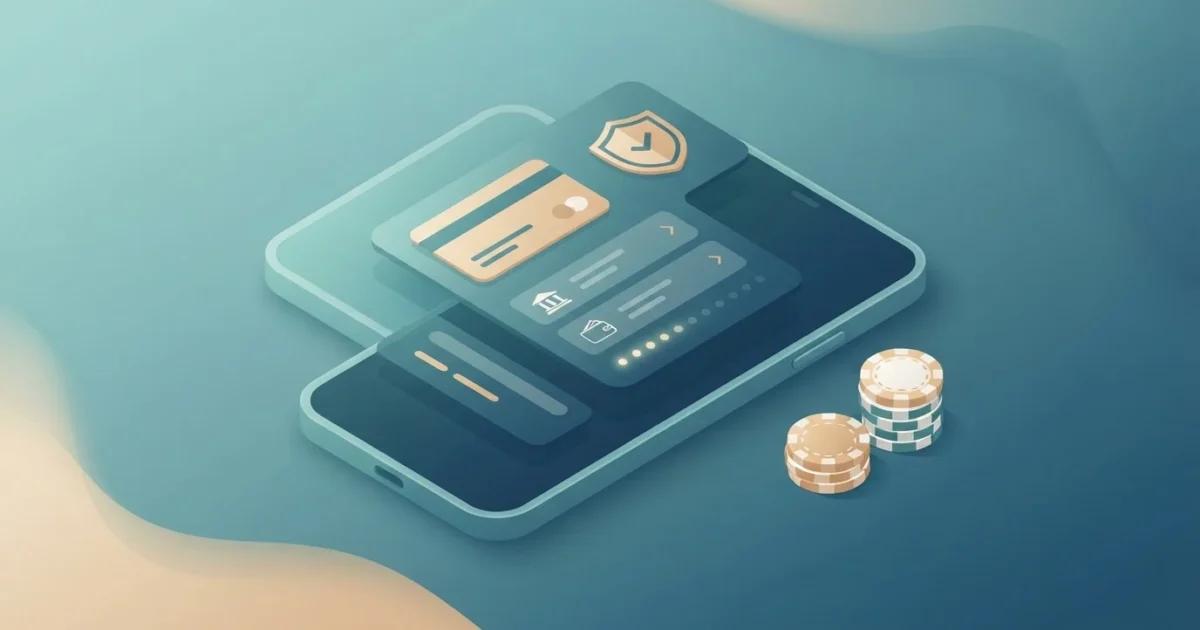 Isometric phone showing a casino cashier flow with card and shield icons