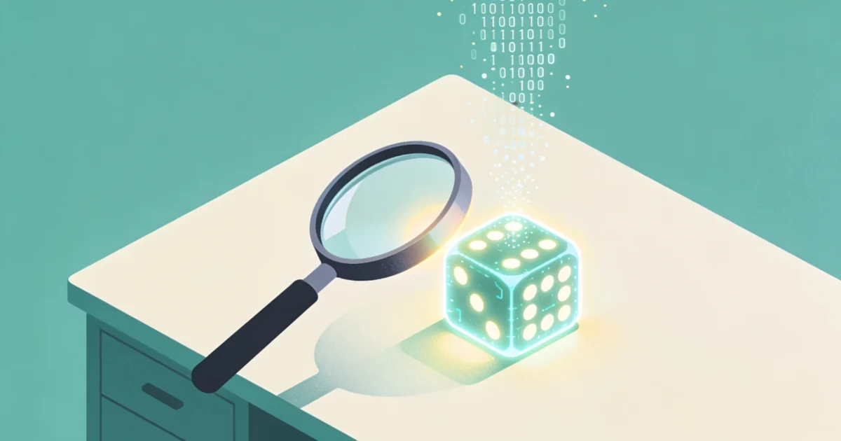 Isometric illustration of a magnifying glass inspecting a glowing digital die on a desk