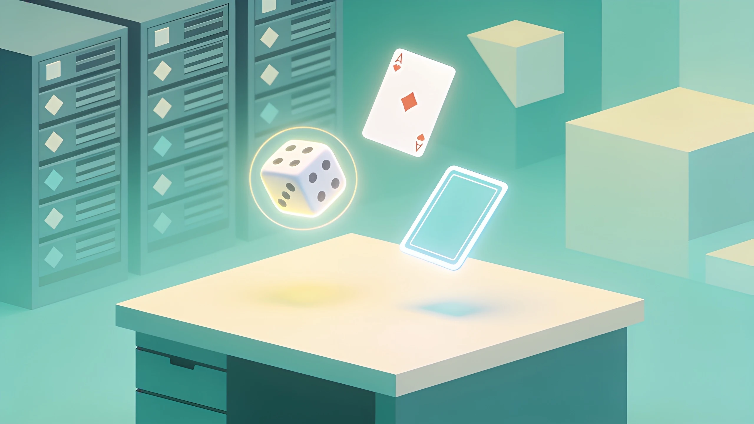 Isometric illustration of server racks with glowing dice and playing cards above a workbench.