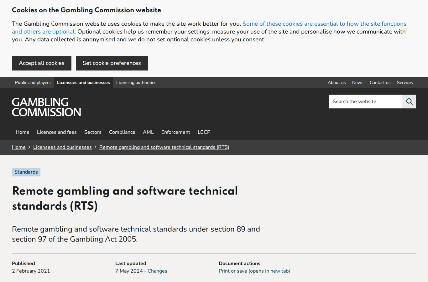 Screenshot of the UK Gambling Commission RTS 7 standards page