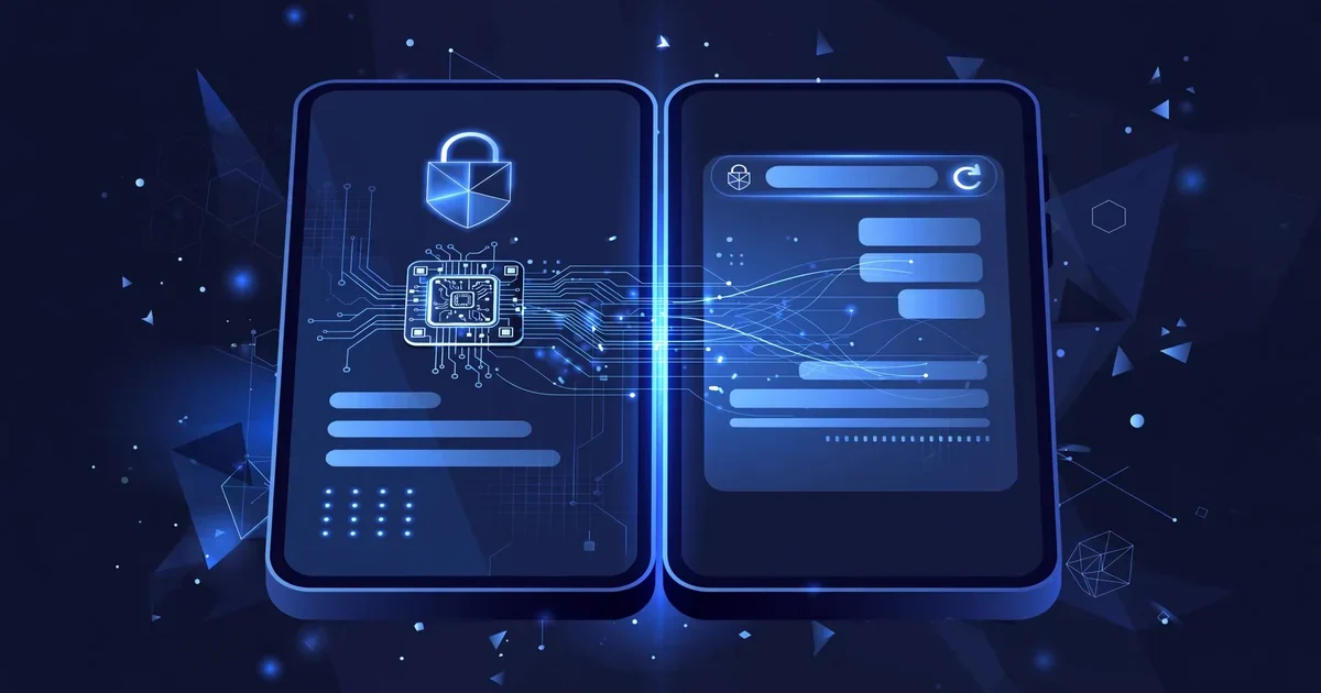 App and browser interface split by a glowing data link